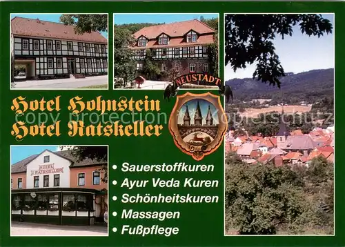 AK / Ansichtskarte Neustadt_Harz Hotel Honstein Hotel Ratskeller Ortsansicht mit Kirche Wappen Neustadt_Harz