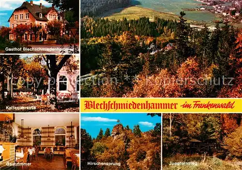 AK / Ansichtskarte Lichtenberg_Oberfranken Gasthof Pension Blechschmiedenhammer Kaffeeterrasse Gastzimmer Hirschensprung Jungfernstieg Lichtenberg Oberfranken