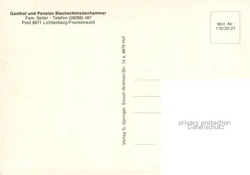 AK / Ansichtskarte Lichtenberg_Oberfranken Gasthof Pension Blechschmiedenhammer Kaffeeterrasse Gastzimmer Hirschensprung Jungfernstieg Lichtenberg Oberfranken