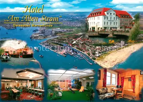 AK / Ansichtskarte Warnemuende_Ostseebad Hotel Am Alten Strom Fliegeraufnahme Gastraeume Saal Fitness Warnemuende_Ostseebad