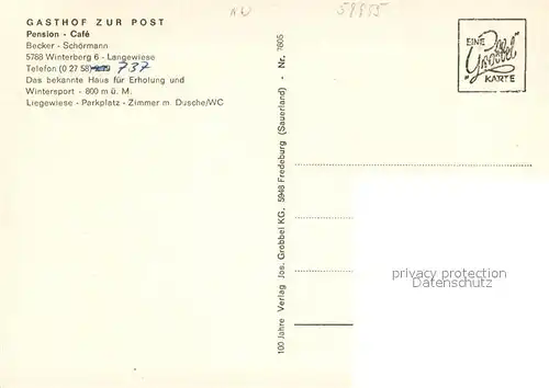 AK / Ansichtskarte Langewiese Gasthof Pension Cafe Zur Post Gastraeume Langewiese