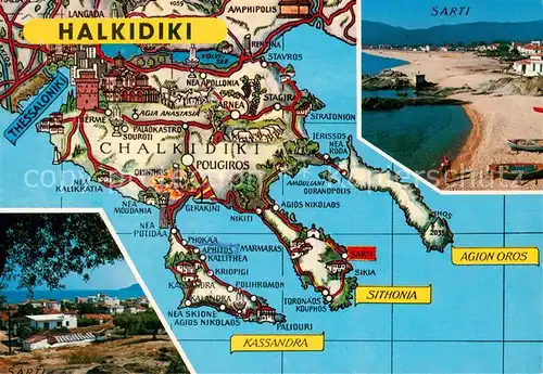 AK / Ansichtskarte Halkidiki_Chalkidiki Landkarte Halbinsel aegaeis Kuestenort Sarti Strand Halkidiki Chalkidiki