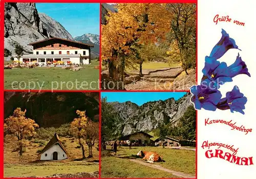 AK / Ansichtskarte Eben_Achensee Ausflug ins Karwendelgebirge Alpengasthof Gramai Landschaftspanorama Alpenflora Blauer Enzian Eben Achensee