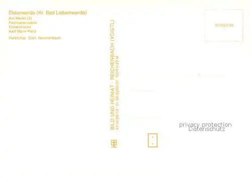 AK / Ansichtskarte Elsterwerda Am Markt Postmeilensaeule Elsterbruecke Karl Marx Platz Elsterwerda