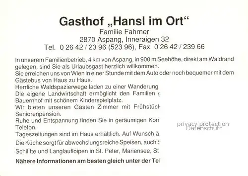AK / Ansichtskarte Aspang Markt Gasthof Hansl im Ort Gaststube Kind mit Reh Bildstock Aspang Markt