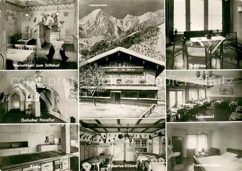 AK / Ansichtskarte Ettenhausen_Schleching Alpenhotel Pension Edelweiss Weinstueberl Gotischer Hausflur Kueche Hubertus Stueberl Lesediele Speisesaal Gaestezimmer Ettenhausen_Schleching