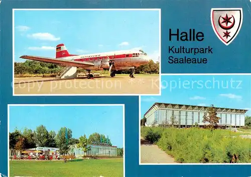 AK / Ansichtskarte Halle_Saale Kulturpark Saaleaue Verkehrsflugzeug Iljuschin IL 14 Cafe Konsumgaststaette Eissporthalle Halle_Saale