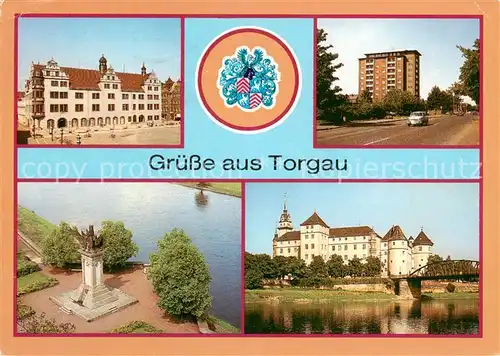 AK / Ansichtskarte Torgau Rathaus Hochhaus Eilenburger Strasse Denkmal der Begegnung Schloss Hartenfels Torgau