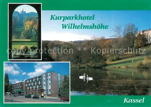 AK / Ansichtskarte Wilhelmshoehe_Kassel Kurparkhotel Schwanenteich Bergpark Schloss Blick zum Herkules Wilhelmshoehe Kassel