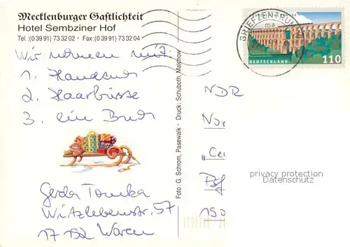 AK / Ansichtskarte Sembzin Hotel Sembziner Hof Gastraeume Gaestezimmer Sembzin