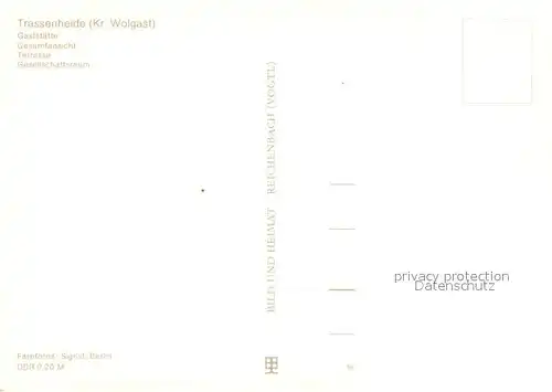 AK / Ansichtskarte Trassenheide_Usedom Waldhof Trassenheide Gaststaette Terrasse Gesellschaftsraum Trassenheide Usedom