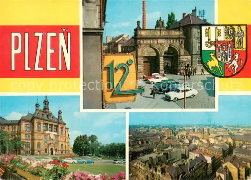 AK / Ansichtskarte Plzen_Pilsen Tor der Brauerei Gebaeude Stadtpanorama Wappen Plzen Pilsen