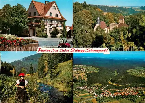 AK / Ansichtskarte Steinegg_Schwarzwald Pension Zur Linde Landschaftspanorama Bach Trachten Bollenhut Fliegeraufnahme 