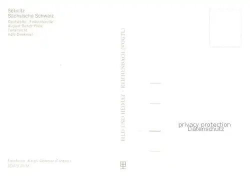 AK / Ansichtskarte Sebnitz Gaststaette Finkenbaude August Bebel Platz Teilansicht VdN Denkmal Sebnitz