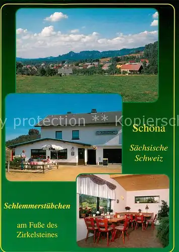 AK / Ansichtskarte Schoena_Elbe Schlemmerstuebchen am Fusse des Zirkelsteines Restaurant Fremdenzimmer Panorama Saechsische Schweiz Schoena Elbe