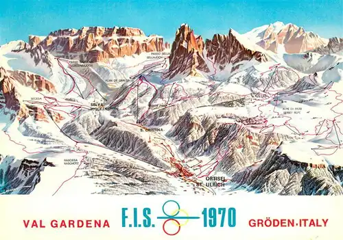 AK / Ansichtskarte Groeden_Tirol Alpine Skiweltmeisterschaften uebersichtskarte Skigebiet Groednertal aus der Vogelperspektive Groeden Tirol