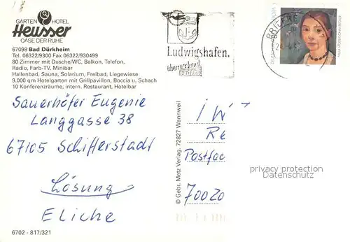 AK / Ansichtskarte Bad_Duerkheim Garten Hotel Heusser Garten Swimming Pool Bad_Duerkheim