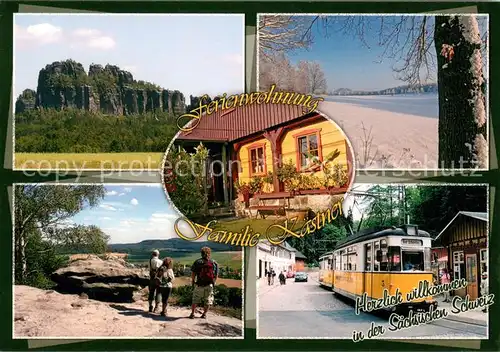 AK / Ansichtskarte Ostrau_Bad_Schandau Ferienwohnung Fam Kaestner Bastei Panorama Strassenbahn Ostrau_Bad_Schandau
