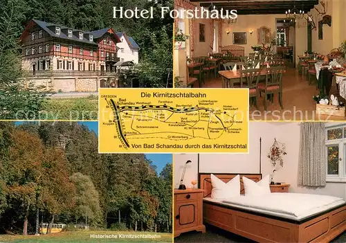 AK / Ansichtskarte Bad_Schandau Hotel Forsthaus Gaststube Zimmer Histor. Kirschnitztalbahn Bad_Schandau