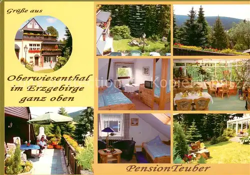AK / Ansichtskarte Oberwiesenthal_Erzgebirge Pension Teuber Gaststube Zimmer Terrasse Panorama Oberwiesenthal Erzgebirge
