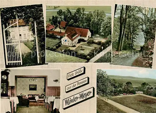 AK / Ansichtskarte Bad_Laer Pension Moenter Meyer Fliegeraufnahme Waldweg Gastraum Panorama Bad_Laer