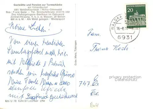 AK / Ansichtskarte Waldkatzenbach Gaststaette Pension zur Turmschaenke im Odenwald Turm Bromsilber Waldkatzenbach