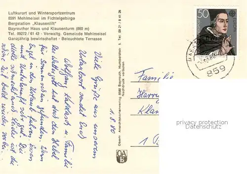 AK / Ansichtskarte Mehlmeisel Bergstation Klausenlift Bayreuther Haus Gaststaette Restaurant Klausenturm Landschaftspanorama Fichtelgebirge Mehlmeisel