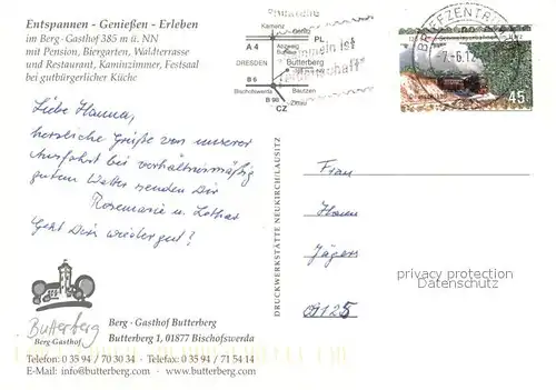 AK / Ansichtskarte Bischofswerda Berggasthof Butterberg Restaurant Aussichtsturm Partie im Wald Bischofswerda