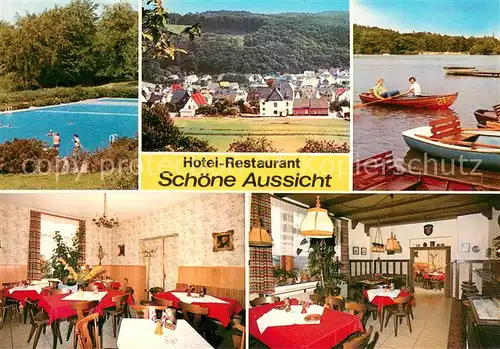 AK / Ansichtskarte Schoenbach_Dillkreis Hotel Restaurant Schoene Aussicht Ortsansicht Freibad See Schoenbach Dillkreis