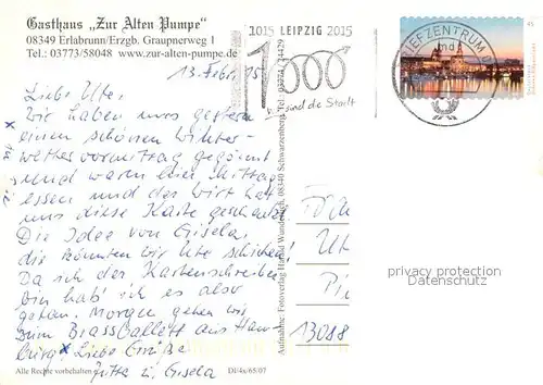 AK / Ansichtskarte Erlabrunn_Erzgebirge Gasthaus Zur Alten Pumpe Restaurant Erlabrunn_Erzgebirge