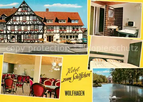 AK / Ansichtskarte Wolfhagen Hotel Zum Schiffchen Restaurant Fremdenzimmer Partie am Wasser Schwan Fachwerkhaus Wolfhagen