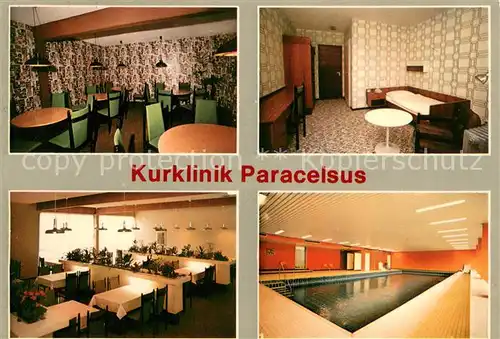AK / Ansichtskarte Bad_Schwalbach Kurklinik Paracelsus Speiseraum Patientenzimmer Hallenbad Bad_Schwalbach