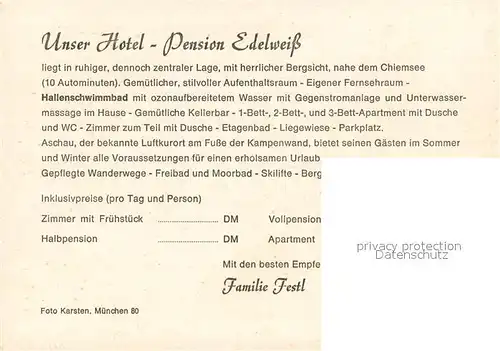 AK / Ansichtskarte Aschau_Chiemgau Hotel Pension Edelweiss Gastraeume Hallenbad Zimmer Aschau Chiemgau