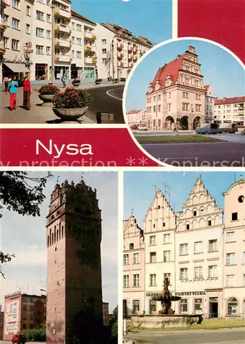 AK / Ansichtskarte Nysa Rynek z nowy zabudowg. Poznorenesansowy Dom Wagi Miejskiej w rynku catkowicie zrekonstruowany. Brama Wroctawska   pozostato? dawnych murow miejskich. Zabyt kowe kamienice i Fontanna Trytona przy ulicy Brackiej Nysa