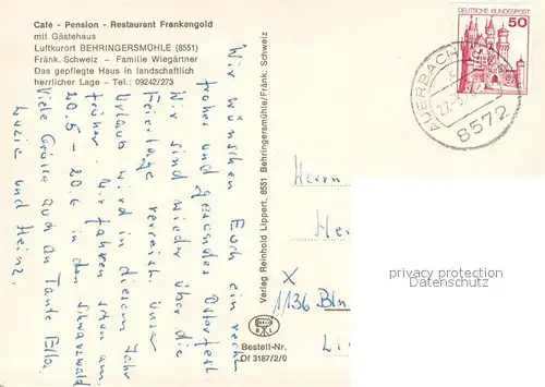 AK / Ansichtskarte Behringersmuehle Cafe Pension Restaurant Frankengold Behringersmuehle