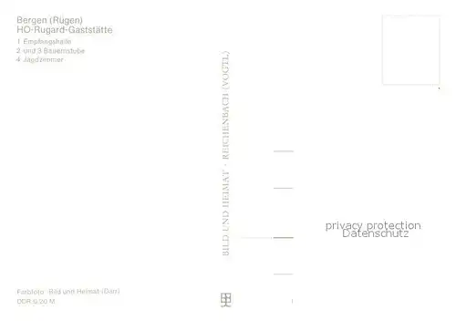 AK / Ansichtskarte Bergen_Ruegen HO Rugard Gaststaette Empfangshalle Bauernstube Jagdzimmer Bergen Ruegen