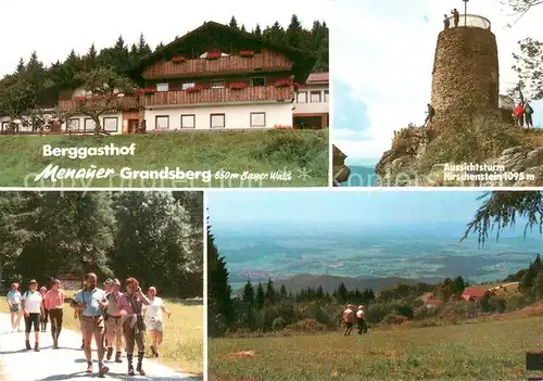 AK / Ansichtskarte Schwarzach_Straubing Bogen Berggasthof Menauer Grandsberg Aussichtsturm Hirschenstein Wanderer Panorama Schwarzach