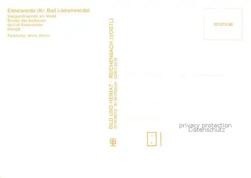 AK / Ansichtskarte Elsterwerda Wappenbrunnen am Markt Strasse des Aufbaues Schloss Eiscafe Elsterwerda