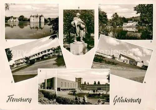 AK / Ansichtskarte Gluecksburg_Ostseebad Schloss Gluecksburg Gaststaette Alte Wassermuehle Zob Paed Hochschule Statue am Museum Gerettet Deutsches haus Gluecksburg_Ostseebad