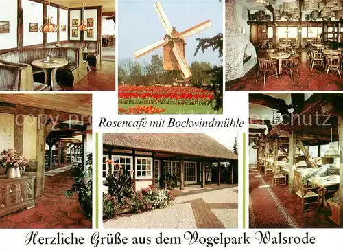 AK / Ansichtskarte Walsrode_Lueneburger_Heide Rosencafe mit Bockwindmuehle Gastraeume Walsrode_Lueneburger_Heide