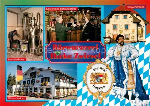 AK / Ansichtskarte Zwiesel_Niederbayern Baerwurzerei Hieke Destillierblase Probierstube Wappen Koenig Ludwig Zwiesel Niederbayern
