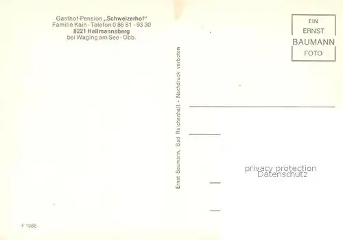 AK / Ansichtskarte Hellmannsberg_Waging_See Gasthof Pension Schweizerhof Restaurant Swimming Pool Hellmannsberg_Waging_See