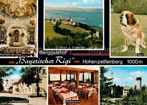 AK / Ansichtskarte Hohenpeissenberg Terrassencafe Restaurant Bayerischer Rigi Berggasthof Berhardiner Hund Wetterwarte Wallfahrtskirche Alpenpanorama Hohenpeissenberg