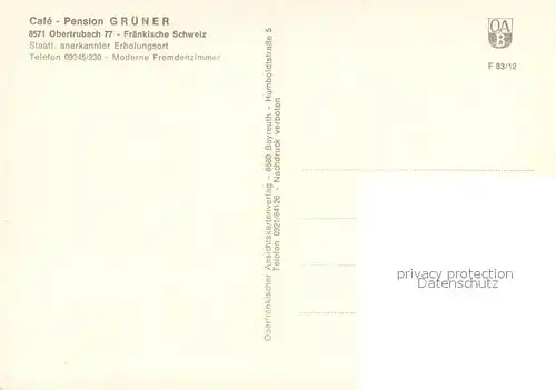 AK / Ansichtskarte Obertrubach Cafe Pension Gruener Fraenkische Schweiz Obertrubach