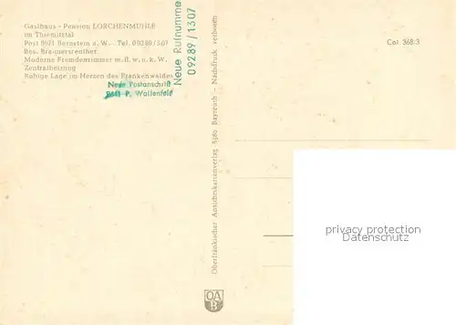 AK / Ansichtskarte Bernstein_Wald Gasthaus Pension Lorchenmuehle im Thiemitztal Frankenwald Bernstein_Wald