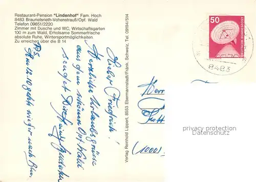 AK / Ansichtskarte Braunetsrieth Restaurant Pension Lindenhof Blick ueber die Feld Oberpfaelzer Wald Braunetsrieth
