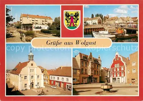 AK / Ansichtskarte Wolgast_Mecklenburg Vorpommern Strasse der Befreiung Hafen Rathaus Karl Liebknecht Platz Wappen Wolgast