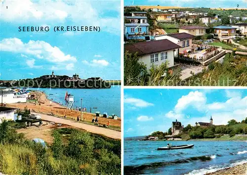 AK / Ansichtskarte Seeburg_Eisleben Badestrand am Suessen See Bungalow Siedlung Schloss Seeburg_Eisleben
