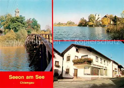 AK / Ansichtskarte Seeon Seebruck Haus Krah Holzbruecke Uferpartie am See Kloster Kirche Seeon Seebruck