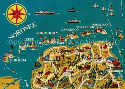 AK / Ansichtskarte Ostfriesland Landkarte mit Nordseeinseln Kompass Ostfriesland